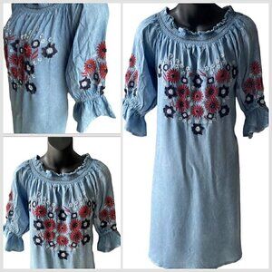VTG 90s Rainforest Cafe Blue Chambray Floral Red Embroidered Dress Women’s S